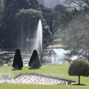 A scenic fountain flows in a lush, green garden.